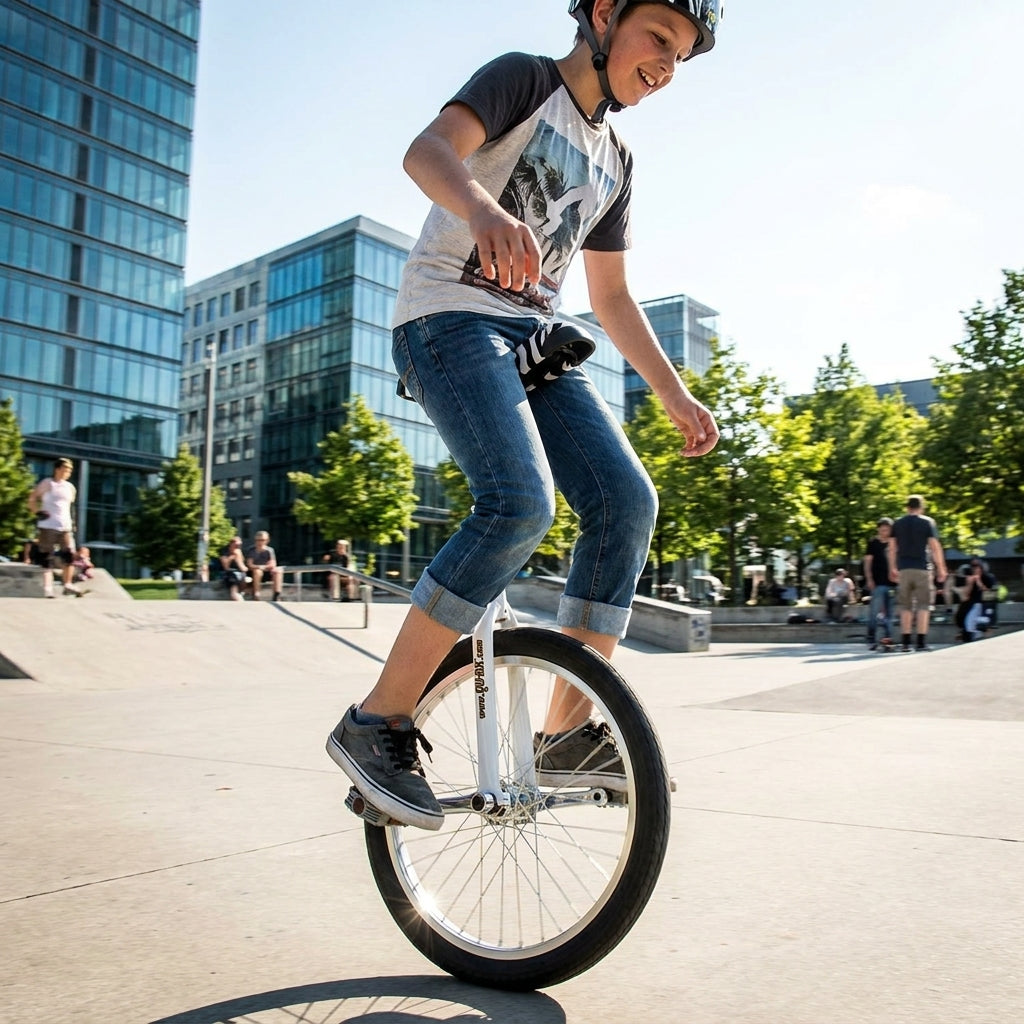 QU-AX Luxus Einrad 20 Zoll weiß mit Zebra-Sattel und Alufelge. Dynamisches Sportgerät für Balance und Fahrspaß.