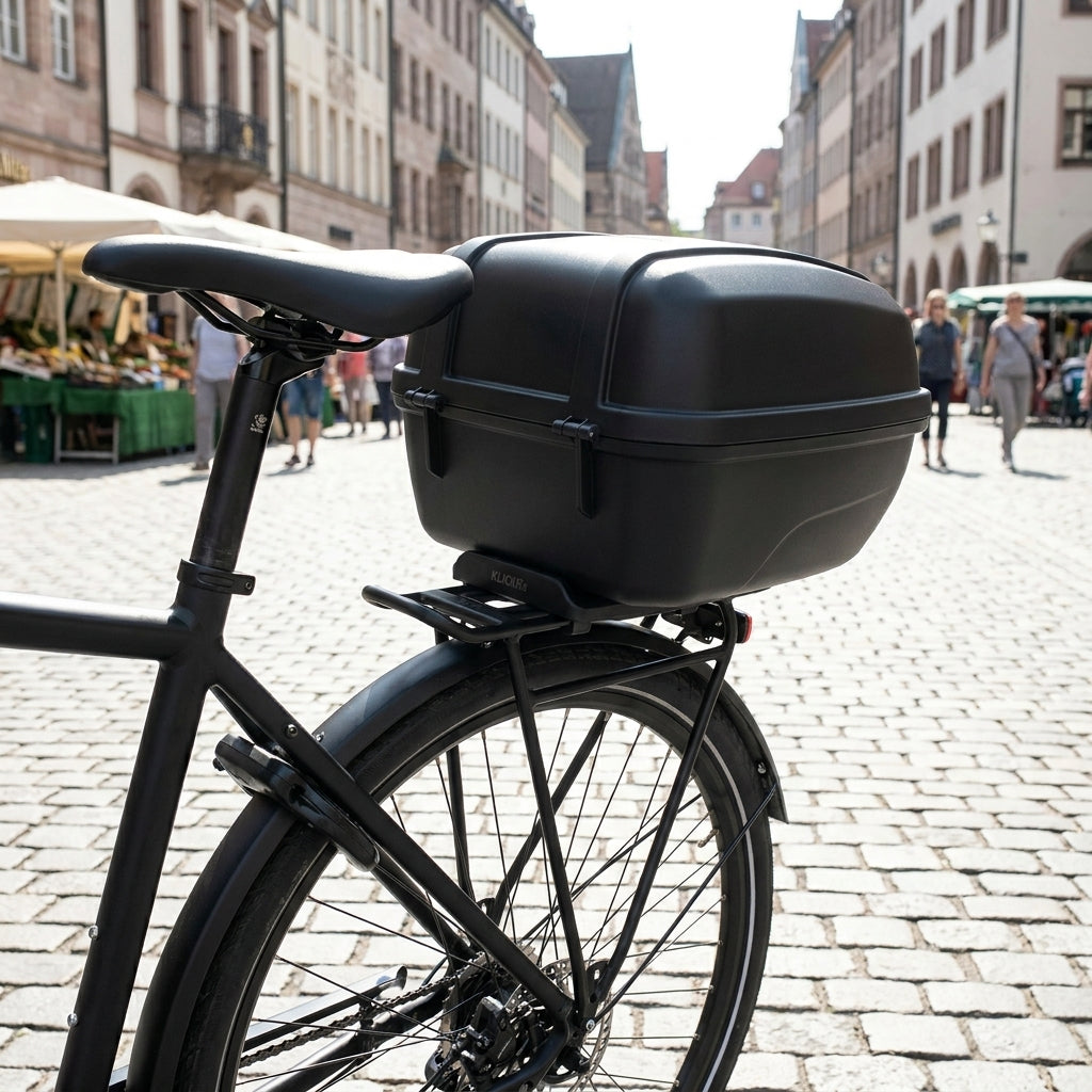 KLICKfix GTA Kupplungs-Set II schwarz an Topcase auf schwarzem Fahrrad-Gepäckträger in der Stadt.