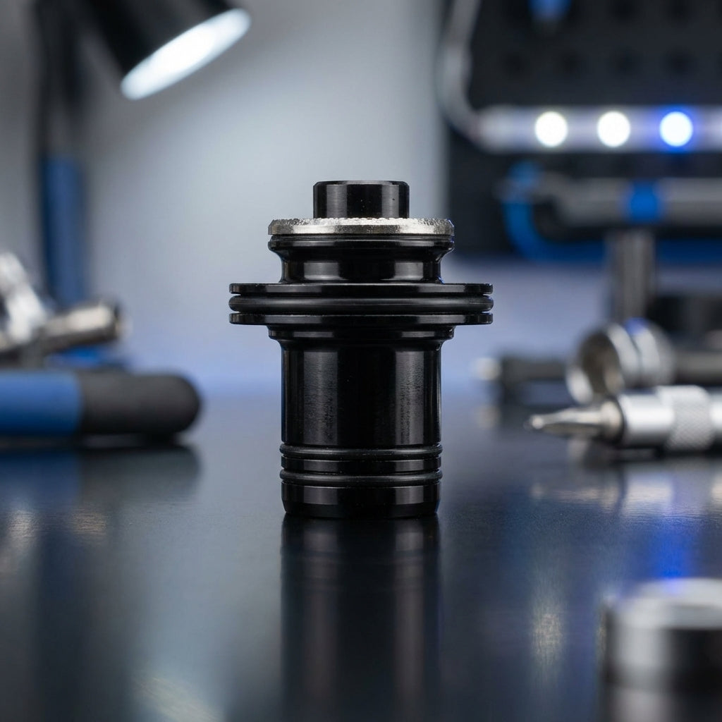 Schwarze Novatec Ausgleichshülse 4-in-1 Nabe Superlight 5mm Schnellspanner auf dunklem Hintergrund.
