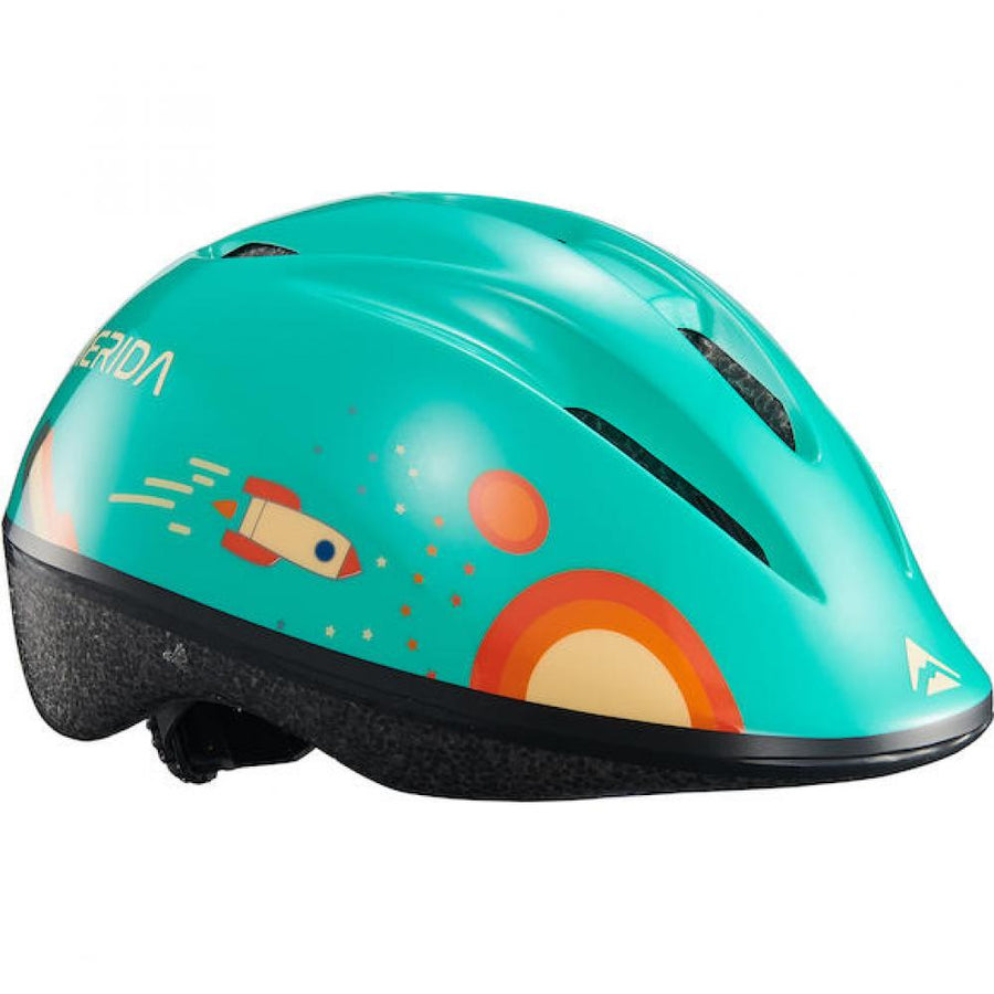 Merida Kinder-Fahrradhelm Matts J türkis/orange mit Rakete und Sternen, Größe 47-53cm.