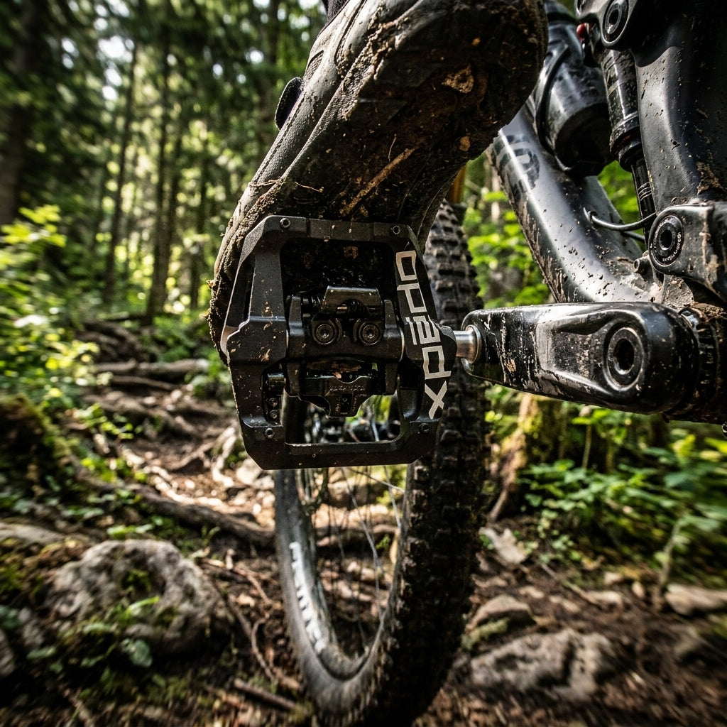 Xpedo GFX Clipless Pedal schwarz am Mountainbike. Robustes Aluminium-Pedal für präzise Kontrolle auf anspruchsvollen Trails.