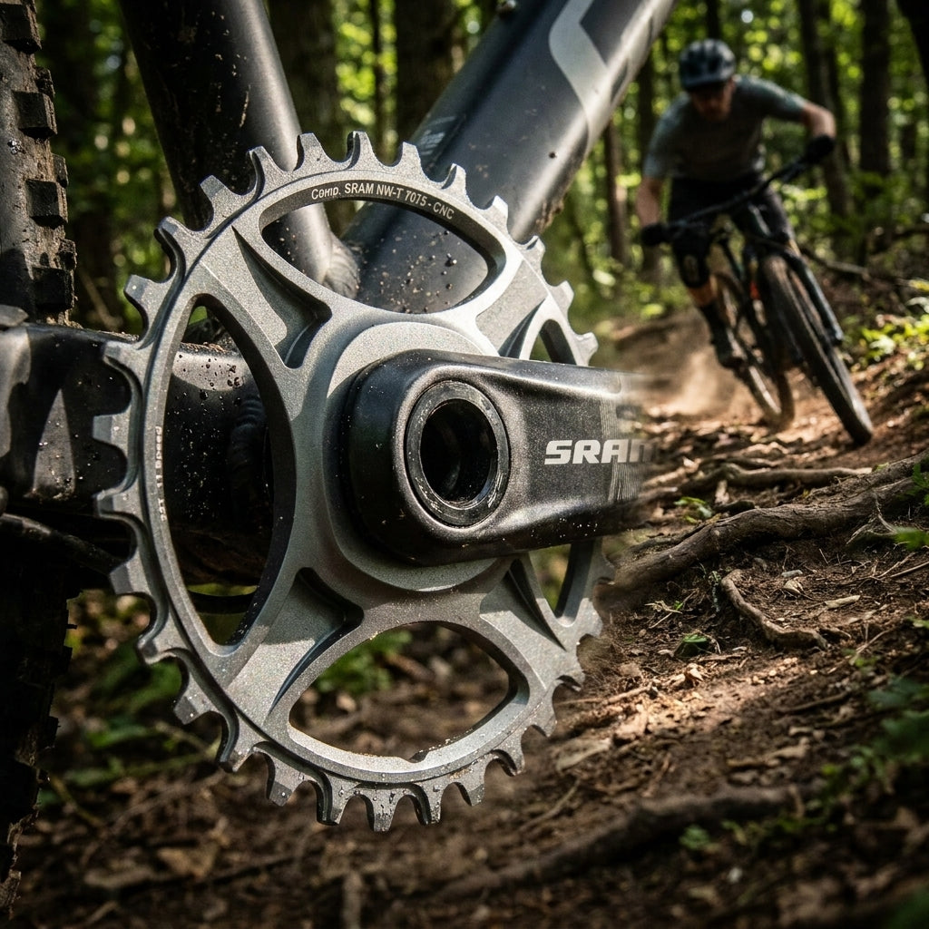 Graues Stronglight Kettenblatt 32Z für Sram MTB 1x11 direct mount am Mountainbike.