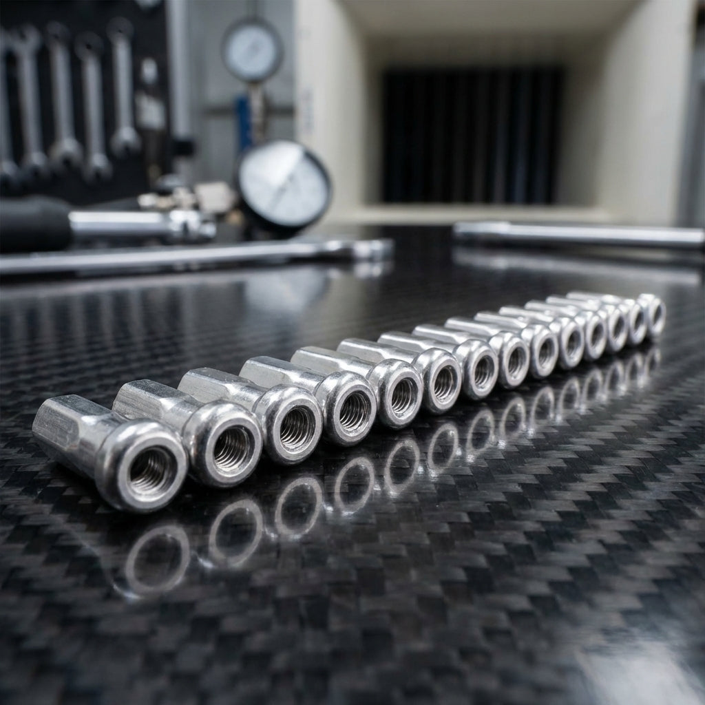 Eine Reihe DT SWISS Hidden Nippel 2.0x12mm silber eloxiert auf Carbon-Werkbank.
