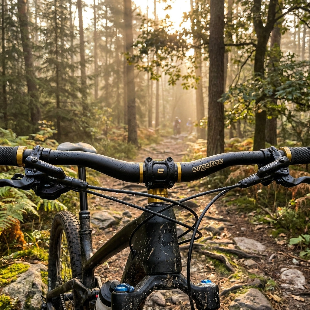 Ergotec, Lenker, Low Riser Bar 6+ Gold Edition, Durchmesser 31.8mm, Griffweite 780mm, Grifflänge 230mm, Rise 15mm, Back-Sweep 12°/+5° Up-Sweep, AL7050 T76, 1.85-2.8-1.85, Safety-Level 6+, Farbe schwarz sand/gold, Gewicht ca. 380g, (Herst.-Nr. 16762101)