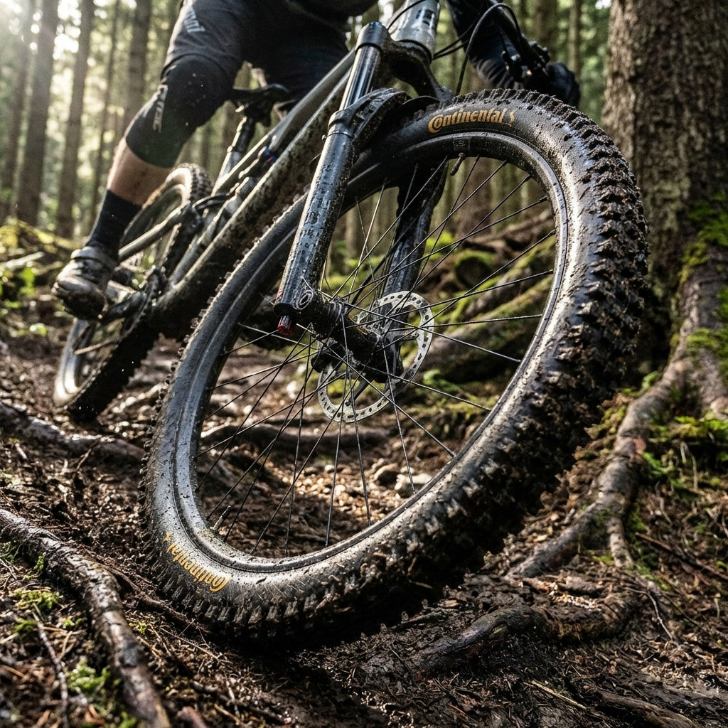Continental Kryptotal-F Enduro Reifen am Mountainbike im Wald, schlammig auf Wurzeln.