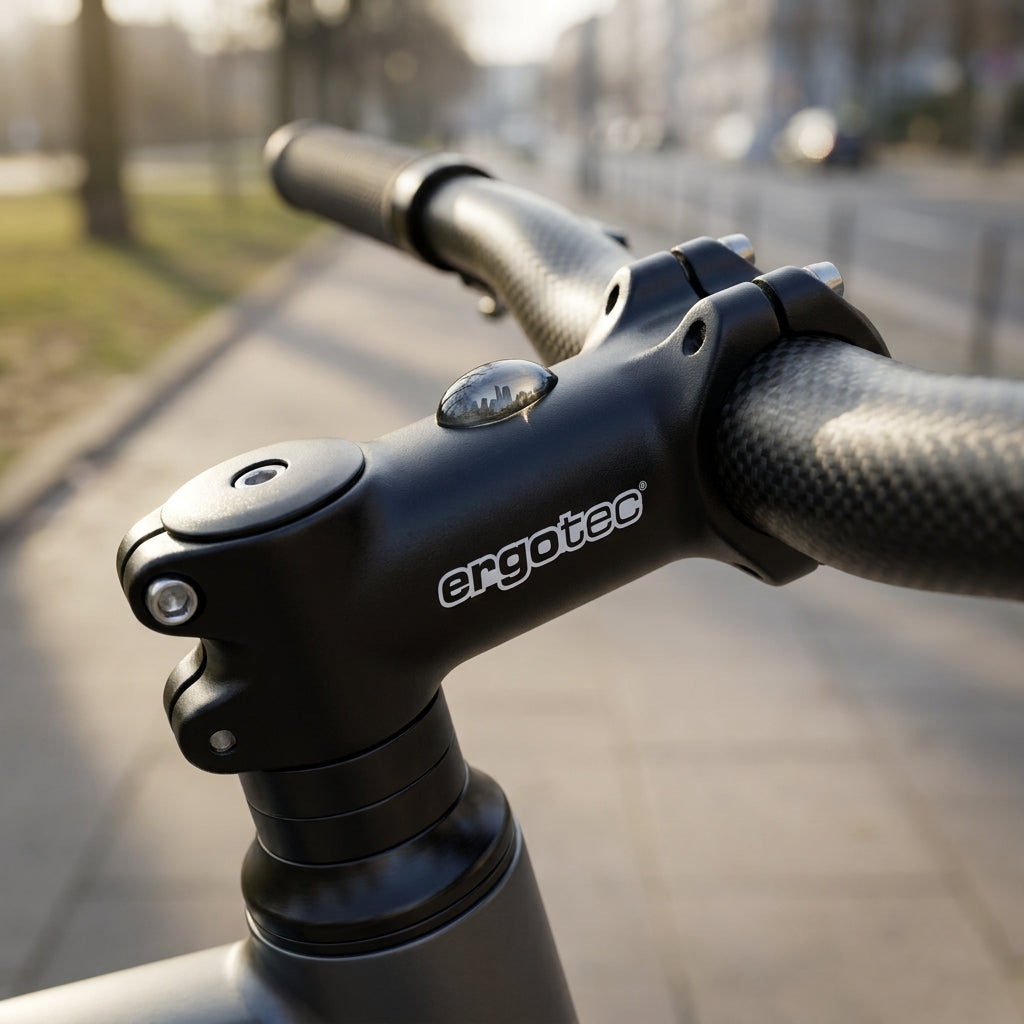 Schwarzer Ergotec AHEAD Vorbau High Charisma aus Aluminium am Fahrradlenker, mit Logo und reflektierendem Detail.