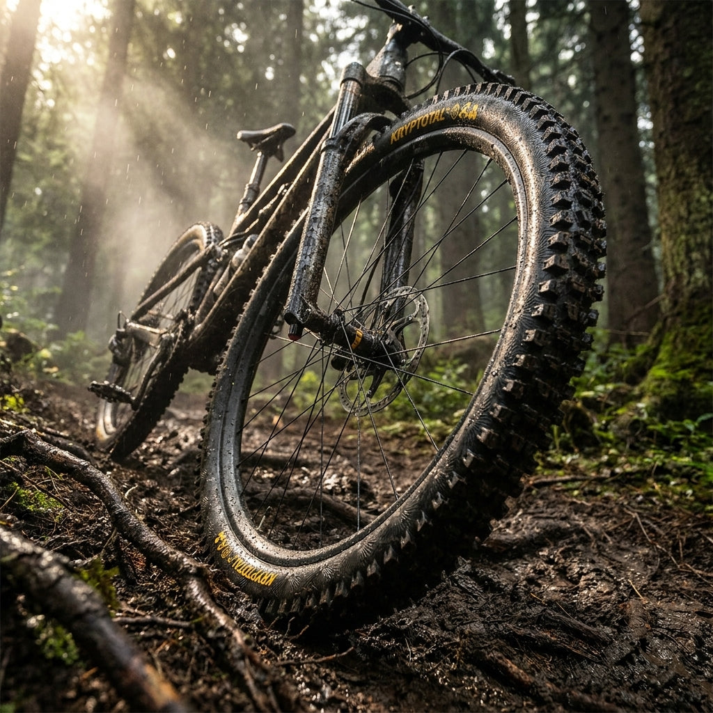 Continental Kryptotal-R Mountainbike Reifen 29x2.40" im Schlammwald, nass und griffig.
