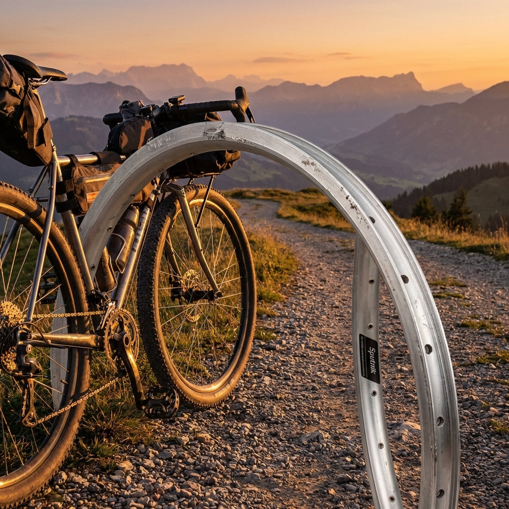 Robuste silberne Ryde Sputnik R 28" Felge für Felgenbremsen, vor Reiserad auf Schotterweg in alpiner Landschaft.