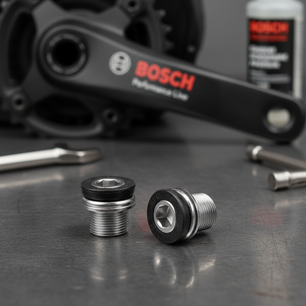XLC Kurbelschraubenset M15 für Bosch Active/Performance mit E-Bike Motor und Werkzeugen im Hintergrund.