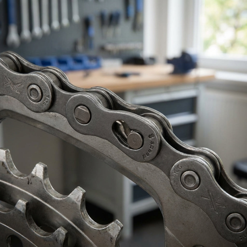XLC-Link Kettenverschluss CC-X05 für 6/7/8-fach Schaltungsketten auf einer Fahrradkette in der Werkstatt.