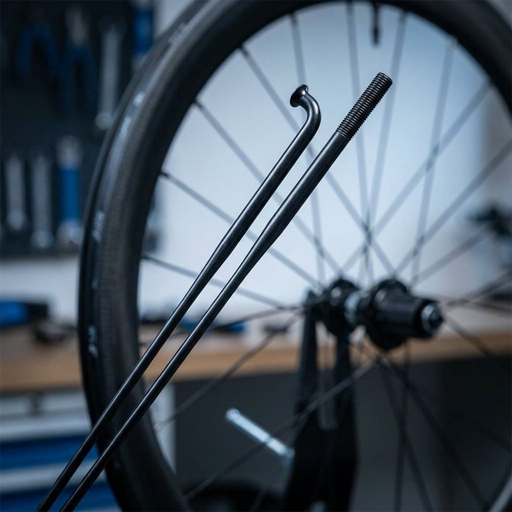 Zwei schwarze DT SWISS Revolite J-Bend Messerpeichen vor einem Fahrradlaufrad mit Nabe.