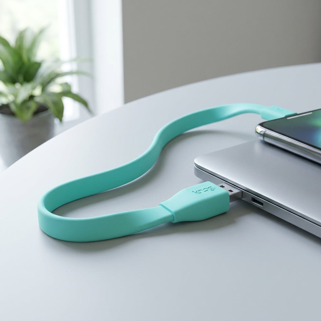 Türkises Knog USB Verlängerungskabel verbindet Laptop und Smartphone auf einem hellen Tisch.