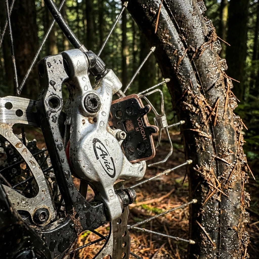 Voxom Scheibenbremsbeläge Bsc6S gesintert für Avid Juicy BB7 an dreckigem Mountainbike im Wald.
