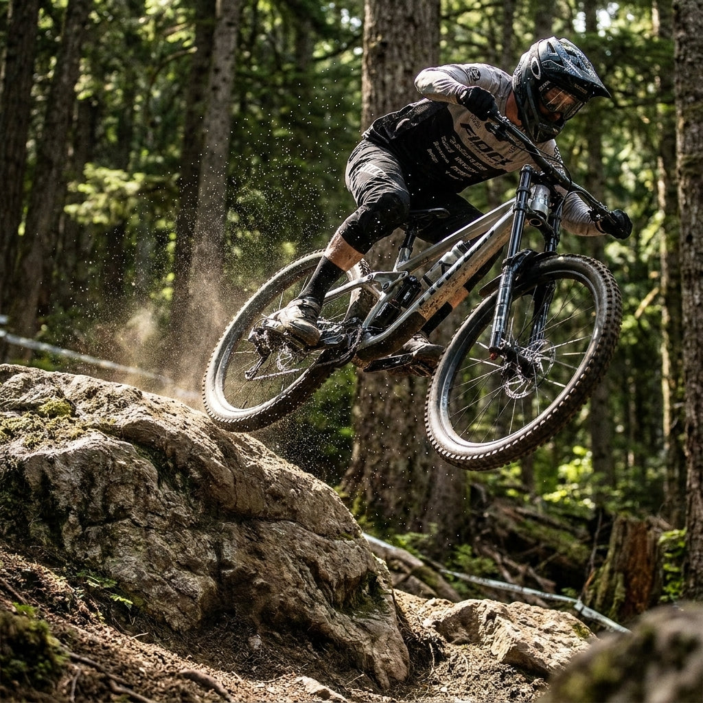 Mountainbiker springt mit Rockshox Vivid Ultimate HR Dämpfer 225x67,5 Trunnion schwarz über Felsen im Wald.