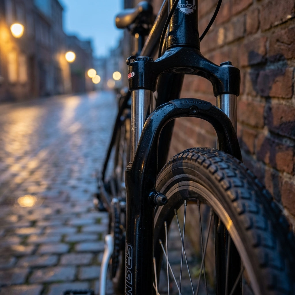 Schwarze SR SF13 CR-8V 26" Federgabel am Fahrrad, an Ziegelwand gelehnt, nasse Kopfsteinpflasterstraße im Hintergrund.