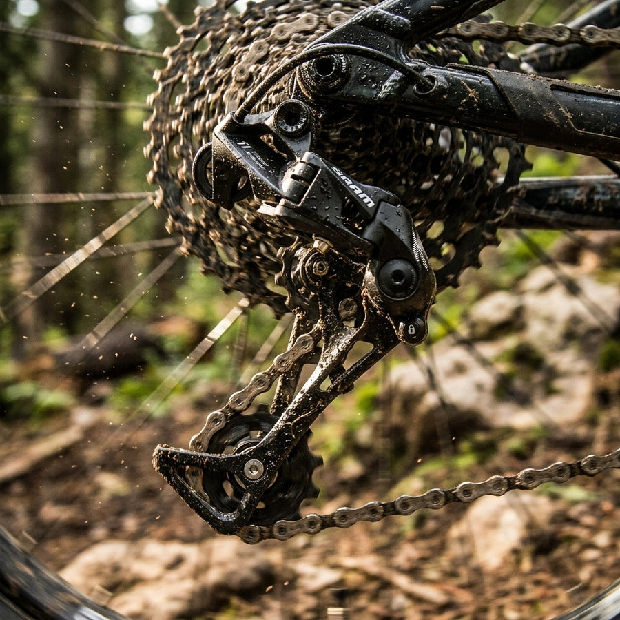 SRAM NX 11-fach Schaltwerk, schwarz, langer Käfig, dreckig am Mountainbike im Gelände.
