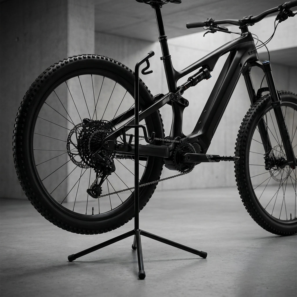 Officine Parolin Universal Fahrradständer schwarz für 20-29 Zoll Räder. Stabiler Hinterbau-Halter für MTB, Trekking, E-Bike.