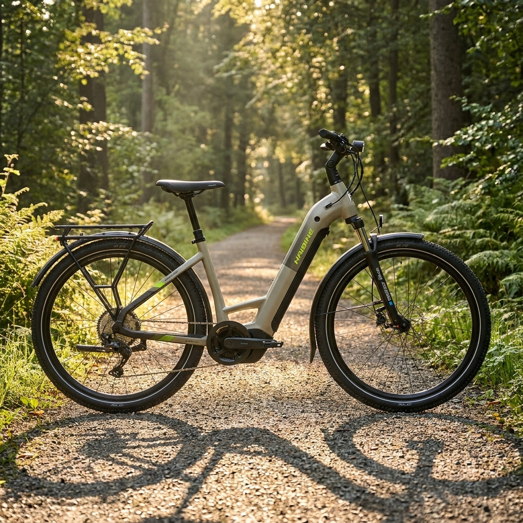 Haibike TREKKING 4 LOW E-Bike in Calm Sand/Lime. Komfortables Tiefeinsteiger Trekking E-Bike mit 600Wh Akku für Touren & Alltag.