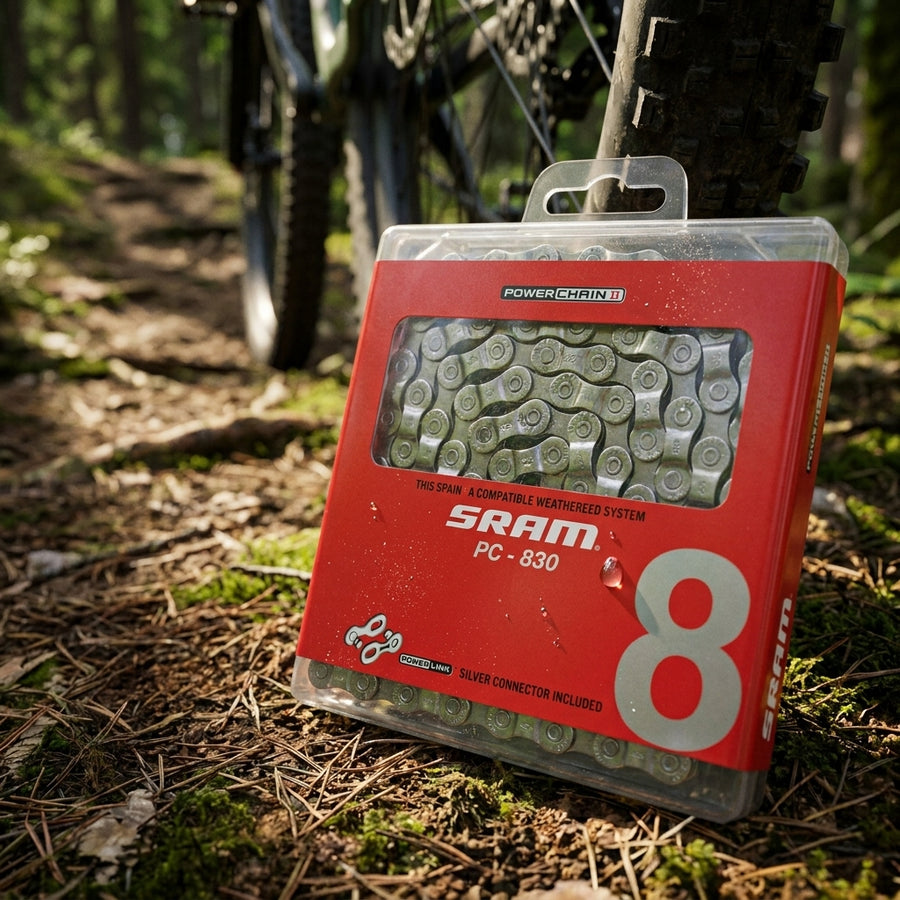 SRAM PowerChain II PC 830 8-fach Kette mit PowerLink im roten Karton auf Waldboden.