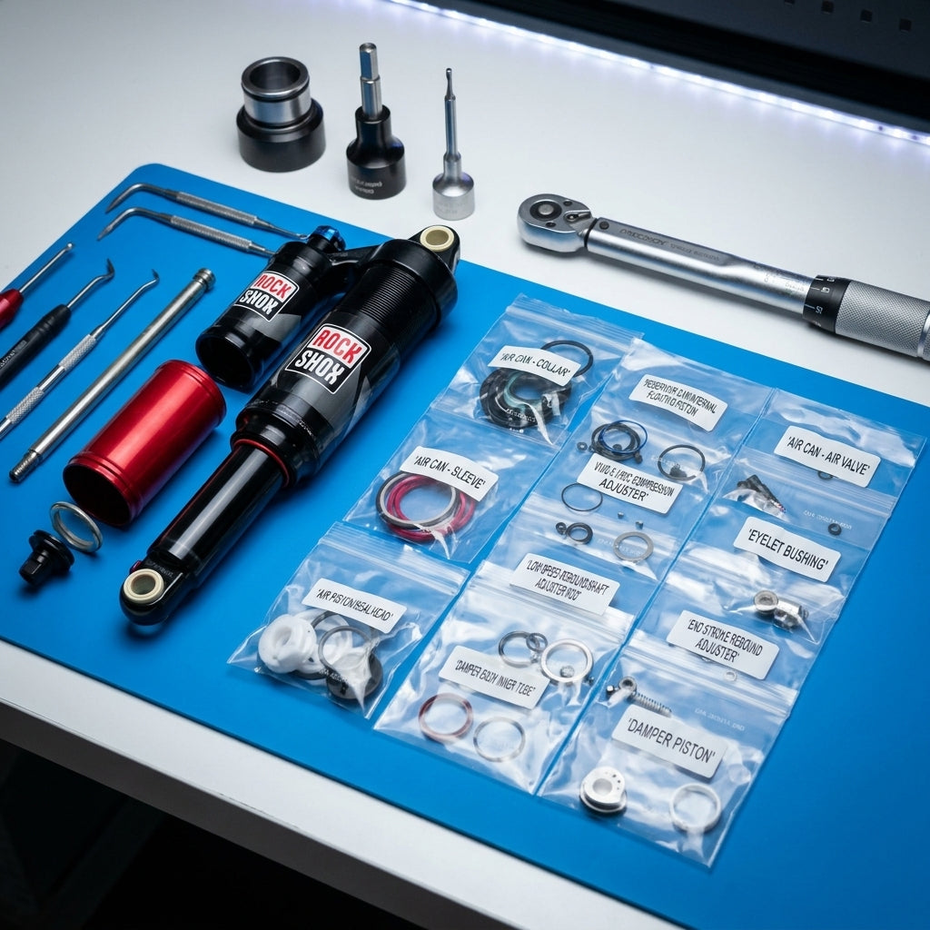 RockShox HR ServiceKit Vivid Air 2011: Dämpfer zerlegt, Ersatzteile und Spezialwerkzeuge für die Wartung.
