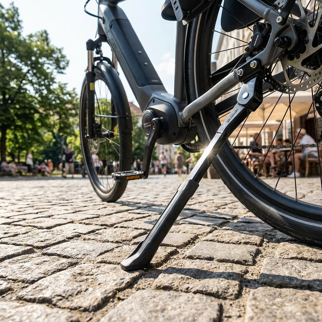 Ursus Zweibeinständer Hopper 28 Zoll stabil am E-Bike auf Kopfsteinpflaster.