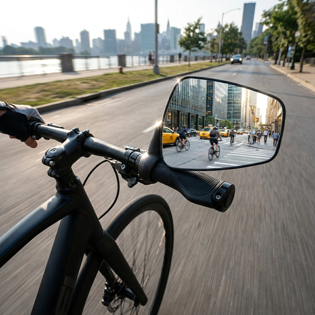Zefal Dooback 2 Fahrrad-Rückspiegel für Lenker rechts, zeigt Stadtverkehr mit Taxis und Radfahrern.