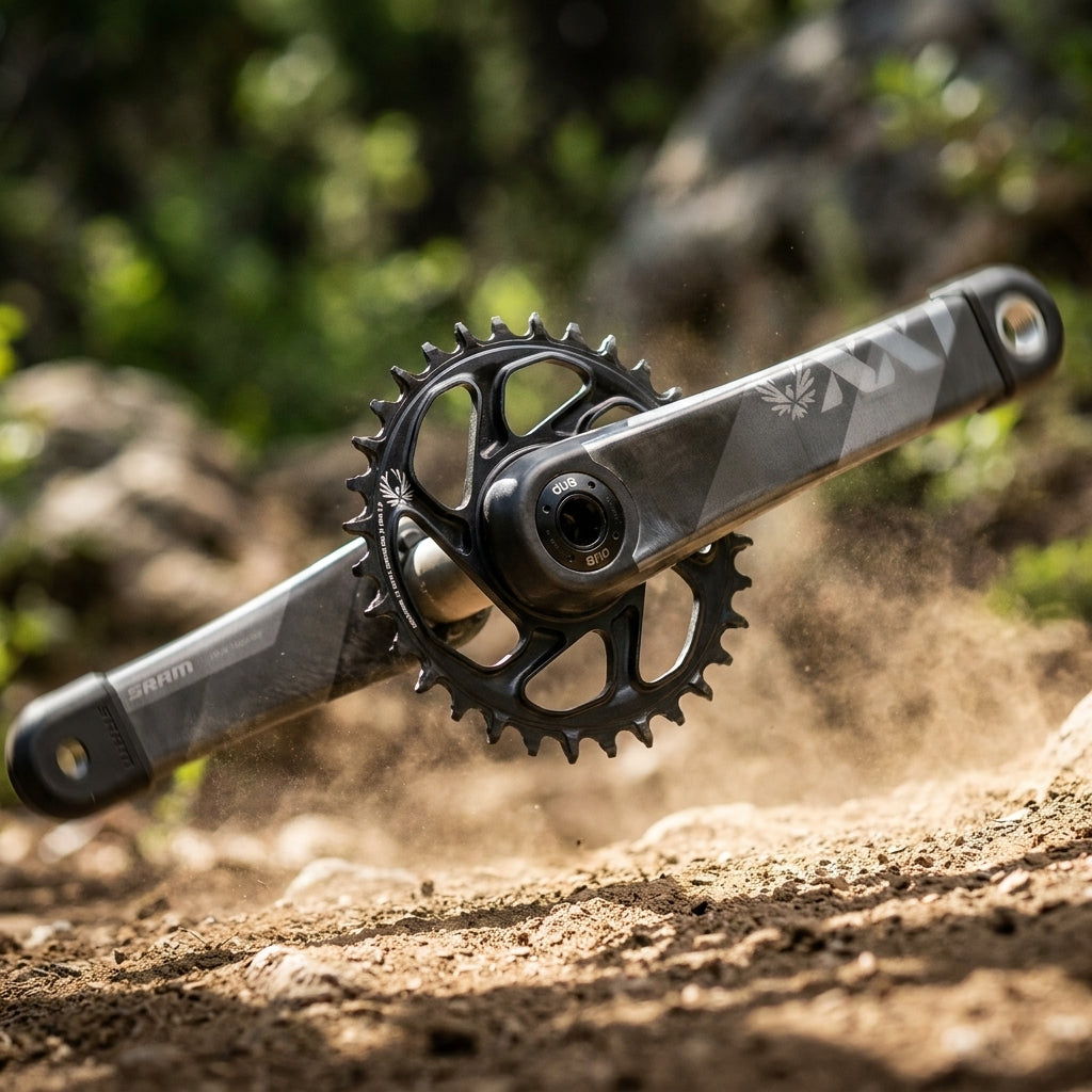 SRAM XX1 Eagle DUB Kurbelgarnitur 175mm 34T grau, leicht, High-End-Performance, in Aktion mit Staub.