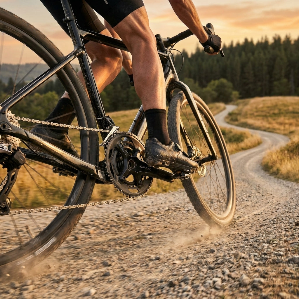 SHIMANO Kurbelgarnitur GRX FC-RX600-10 schwarz am Gravelbike auf Schotterweg, 10-fach, 46-30 Zähne.