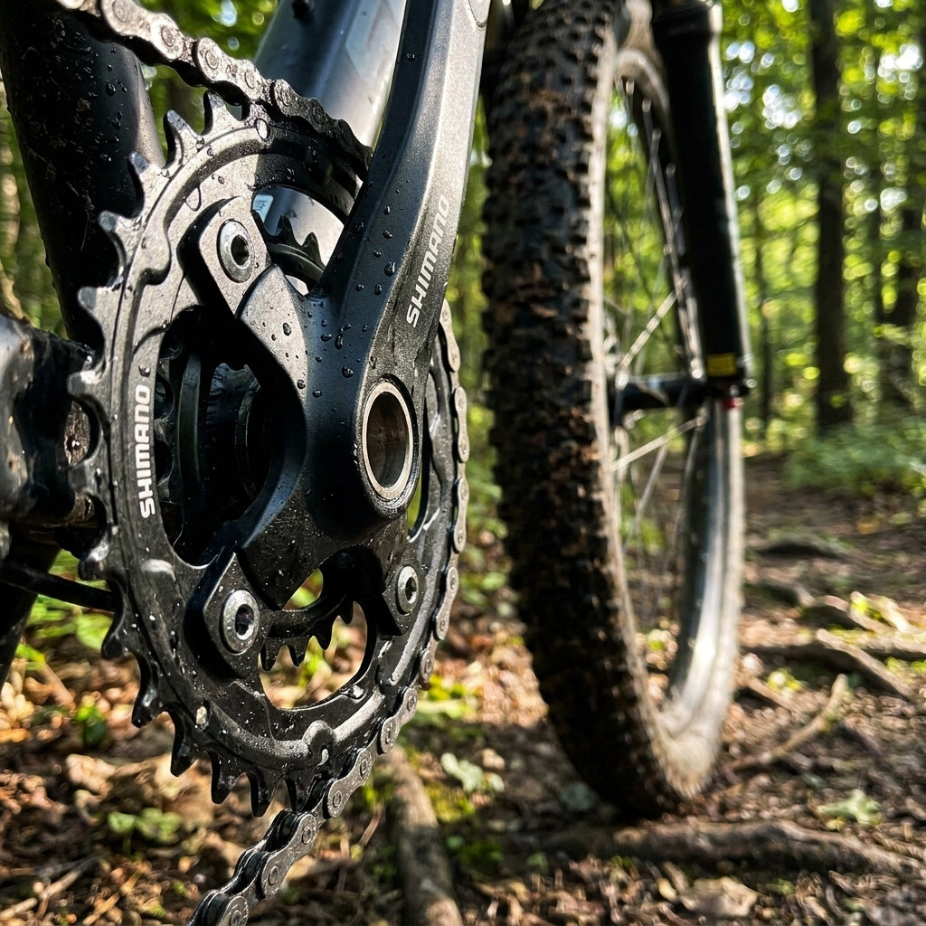 SHIMANO ACERA FC-M391 22 Zähne Kettenblatt am MTB. Präzise Übersetzung für kontrolliertes Schalten im Wald.