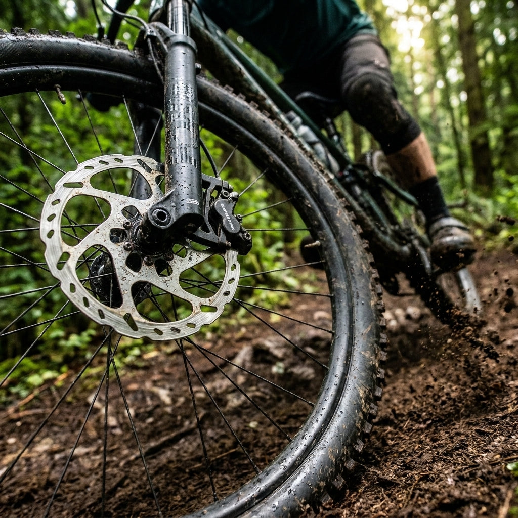 SHIMANO H03A-RF Resin Scheibenbremsbelag am Mountainbike-Vorderrad auf schlammigem Weg.