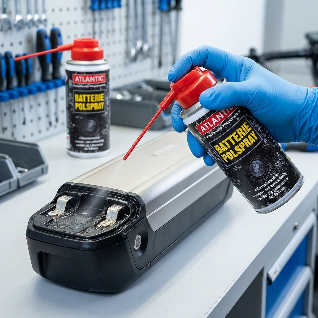 Hand sprüht Atlantic Batteriepolspray auf E-Bike Batteriepole für Korrosions- und Kontaktschutz.