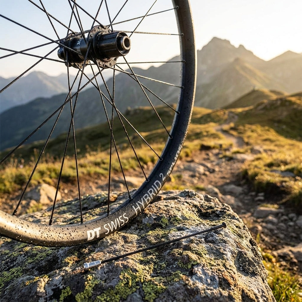 DT Swiss Speichenkit HX 1501 SPLINE 27,5/29 schwarz, mit Laufrad und Speiche vor Bergpanorama.