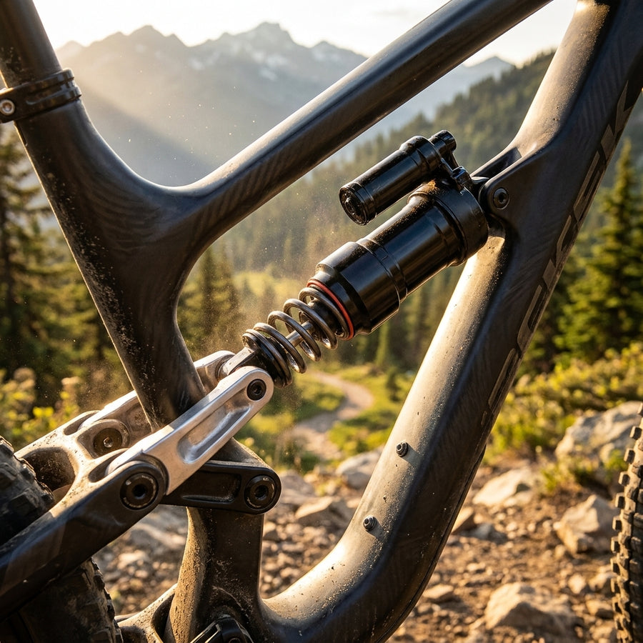 RockShox Fahrrad Dämpfer am Mountainbike auf staubigem Trail mit Bergen im Hintergrund.