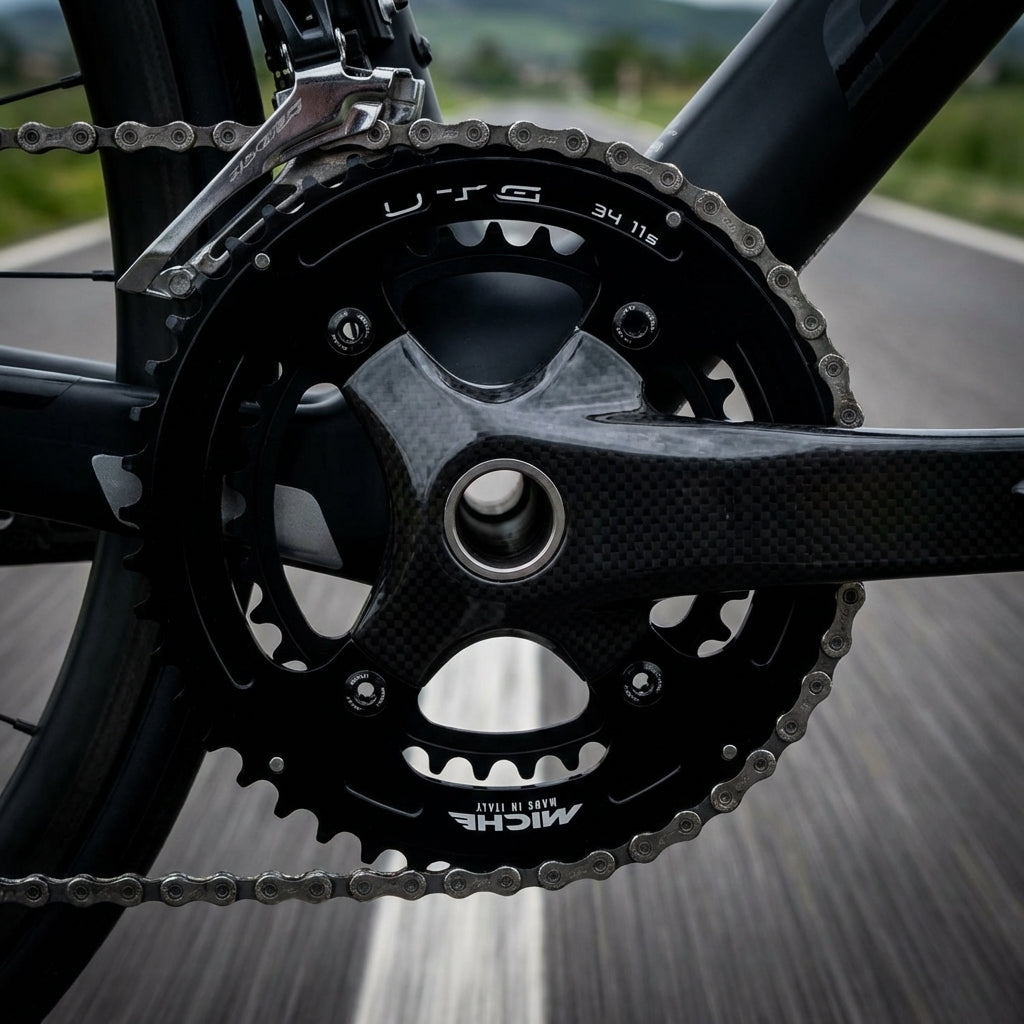 Schwarzes Miche Super11 UTG Kettenblatt 52Z für Shimano 105 5800 am Rennrad mit Carbon-Kurbel.