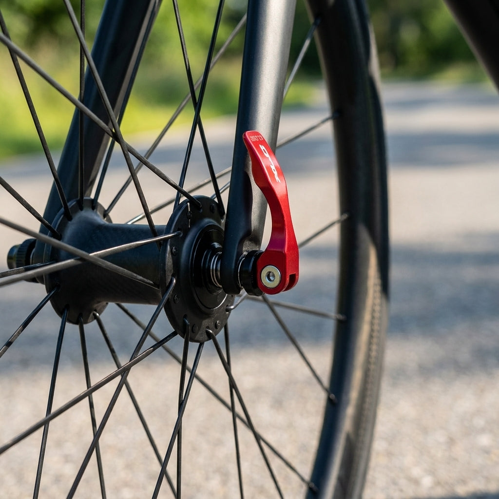 XLC Schnellspann-Set QR-L02 schwarz/rot am Fahrrad-Vorderrad mit schwarzer Gabel und Speichen.