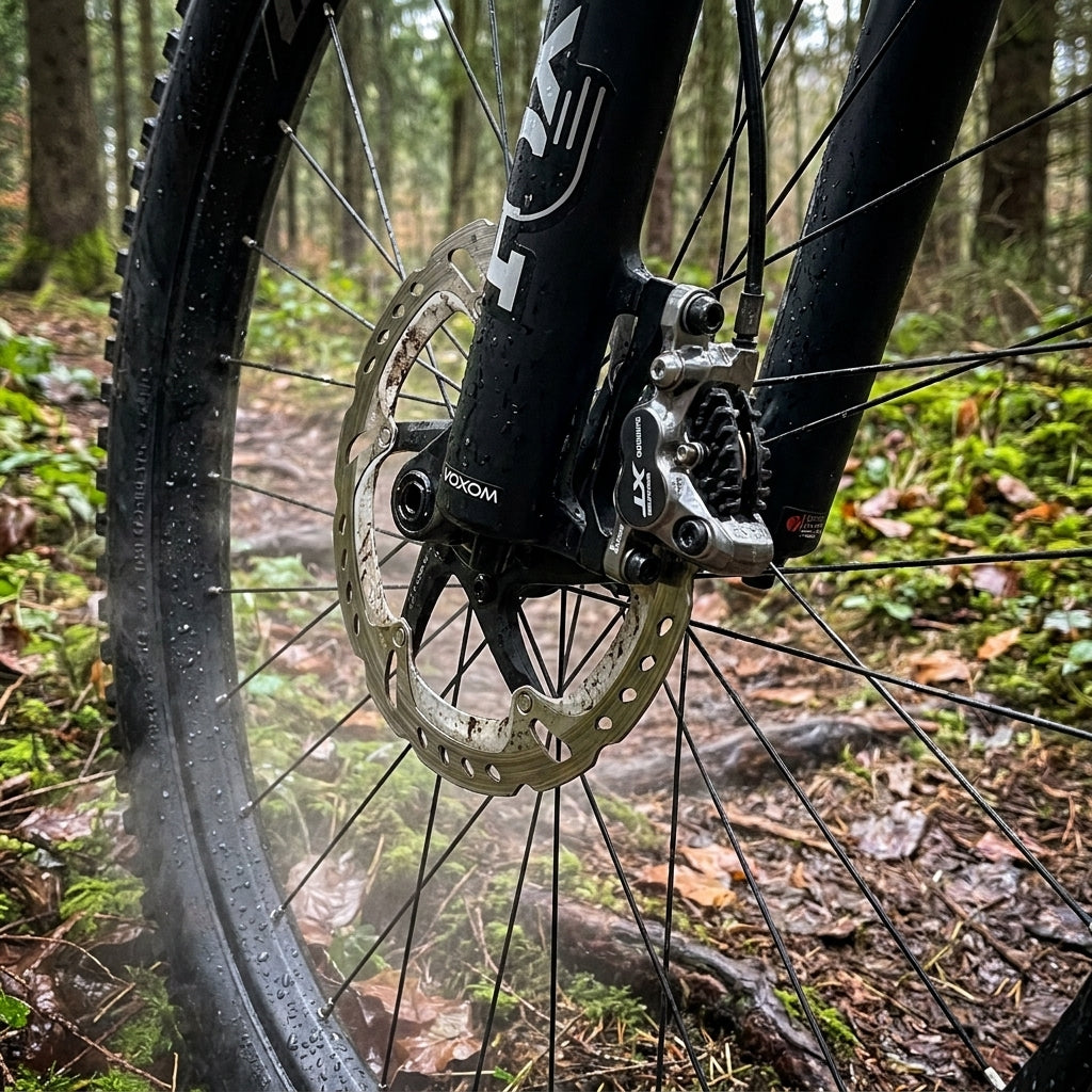 Voxom Scheibenbremsbeläge Bsc24 organisch für E-Bike Shimano XT XTR BR-M 985 am Mountainbike im nassen Wald.