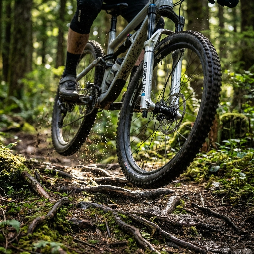 SR Suntour DUROLUX 150mm Federgabel am Mountainbike in dynamischer Action auf nassem Waldtrail.