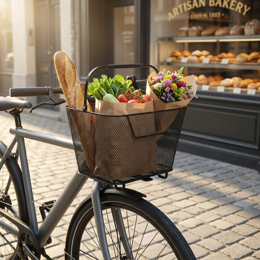 AtranVelo System Korb Daily M schwarz am Fahrrad mit Einkauf und Blumen vor Bäckerei.