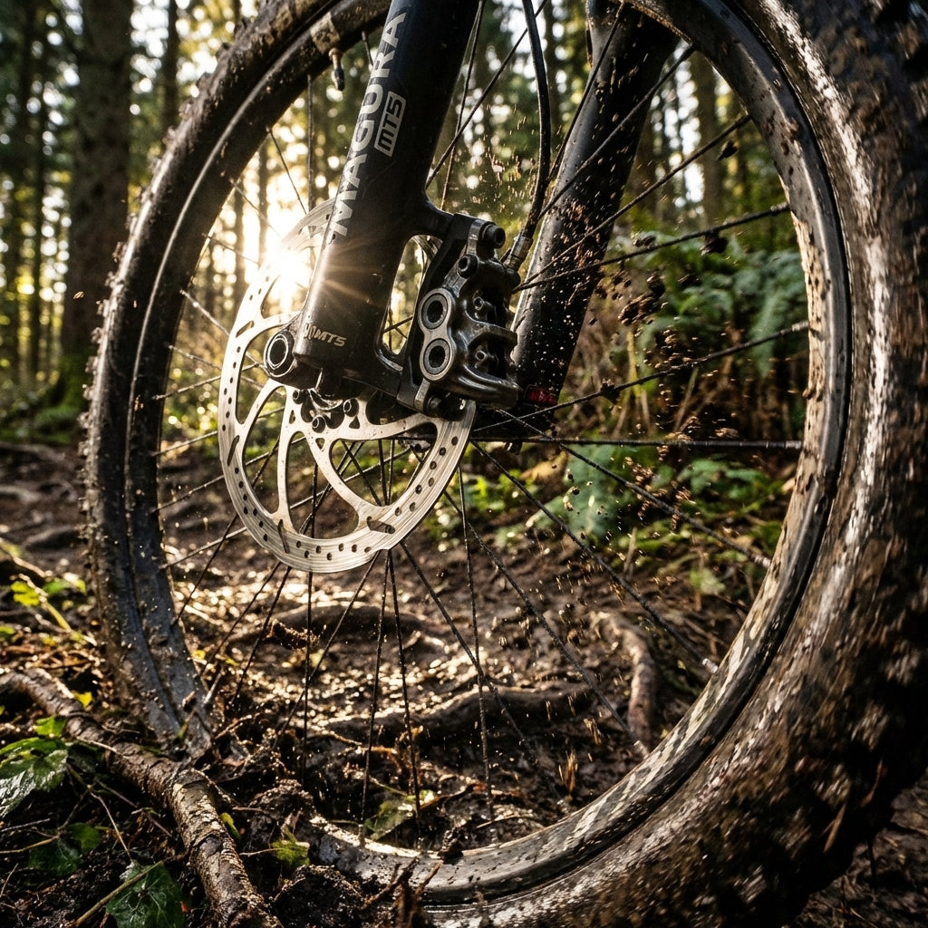Schlammiges Mountainbike-Vorderrad mit Magura MT5 Scheibenbremse im Wald. Voxom Scheibenbremsbeläge BSC17.