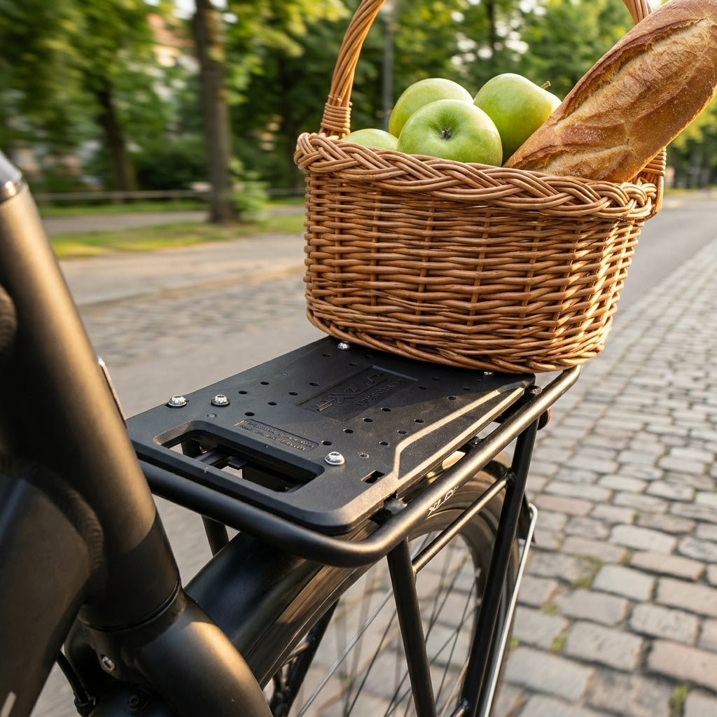 XLC Adapterplatte Carry More auf Fahrrad-Gepäckträger, trägt Korb mit Äpfeln und Baguette für den Einkauf.