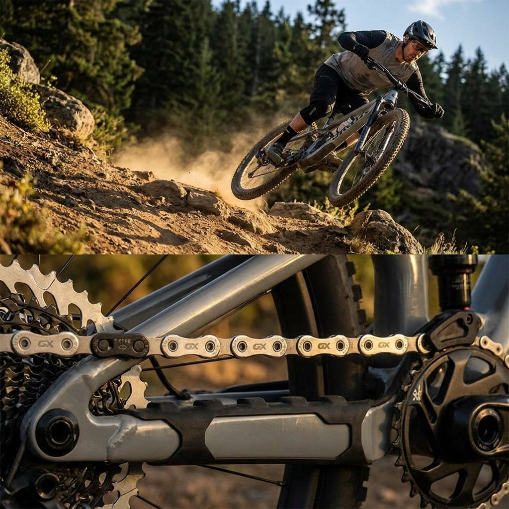 SRAM GX Eagle Transmission Kette 12-fach am MTB-Antrieb, während Mountainbiker auf staubigem Trail springt.