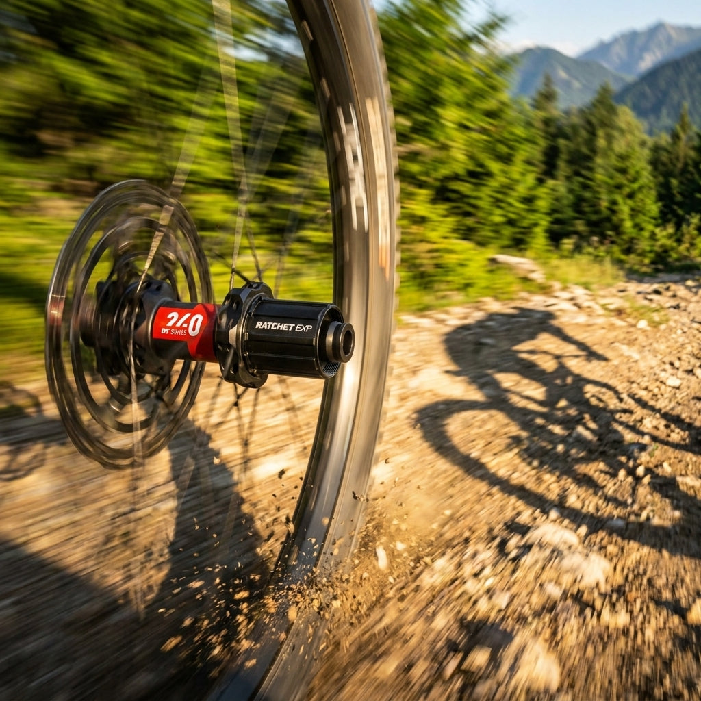 DT Swiss Nabe MTB HR 240 EXP schwarz, leichte, steife Boost-Hinterradnabe in Aktion auf dem Mountainbike-Trail.