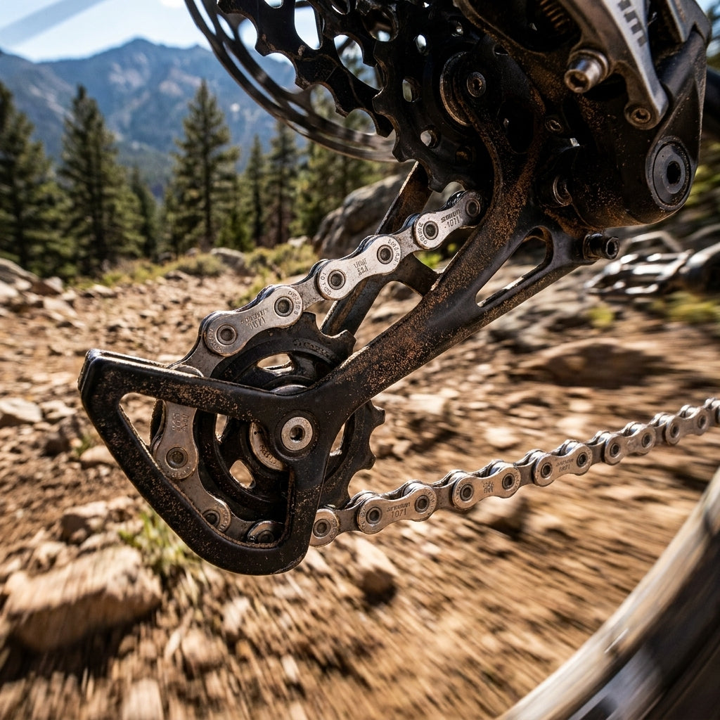 SRAM PC 1071 HollowPin 10-fach Kette am Mountainbike-Schaltwerk auf staubigem Trail.