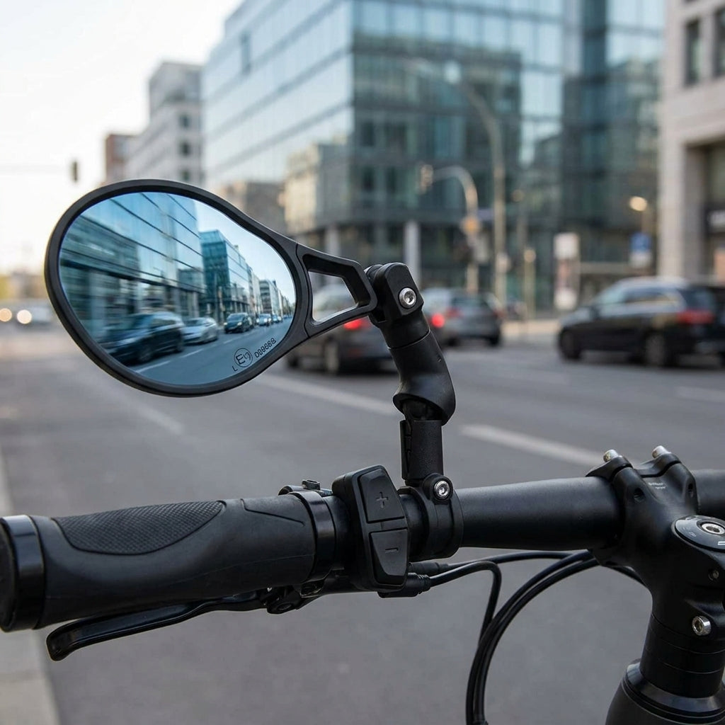 XLC Speed Pedelec-Spiegel MR-K29 schwarz, links, mit Innenklemmung am Fahrradlenker, Stadtblick.
