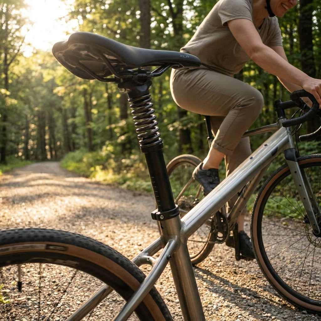Fahrrad mit XLC Ersatzfedern medium (65-85kg) für 27,2mm Feder-Sattelstütze auf Schotterweg im Wald.