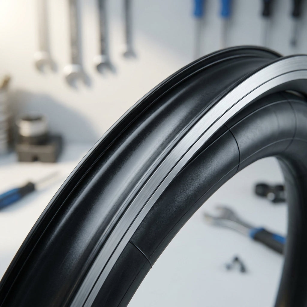 Schwalbe Felgenband Gummi 20-203 20mm auf einer Fahrradfelge in der Werkstatt.