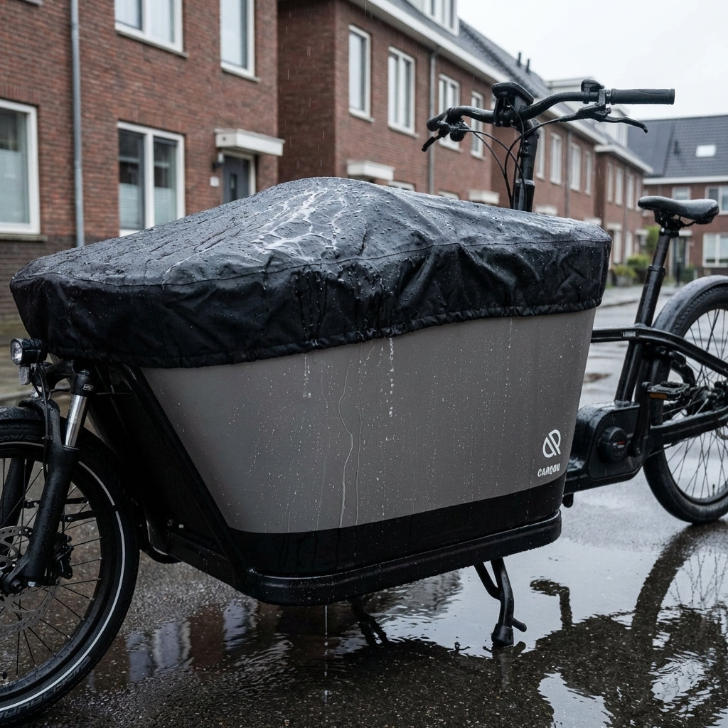 Carqon Regenschutzplane Classic schwarz auf Lastenfahrrad im Regen, Wassertropfen perlen ab.