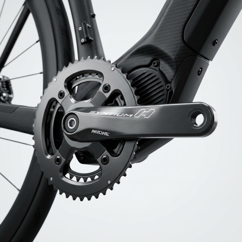Miche Syntium H ISIS E-Bike Kurbel-Set, geschmiedet, ultraleicht 458g, am E-Bike Motor und Carbonrahmen.