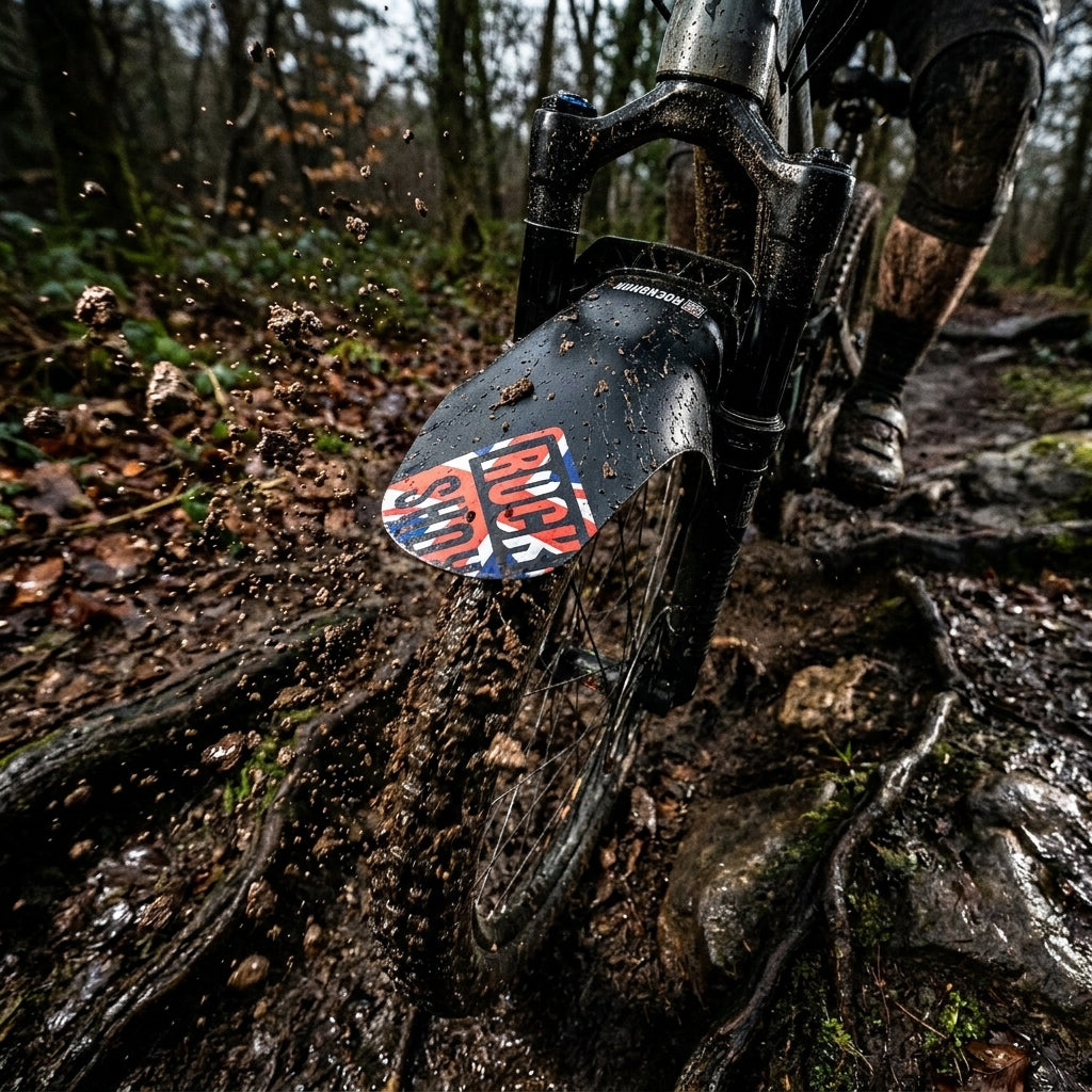 Rockshox Fender MTB universal vorne mit UK Flagge, spritzt Schlamm auf Waldweg.
