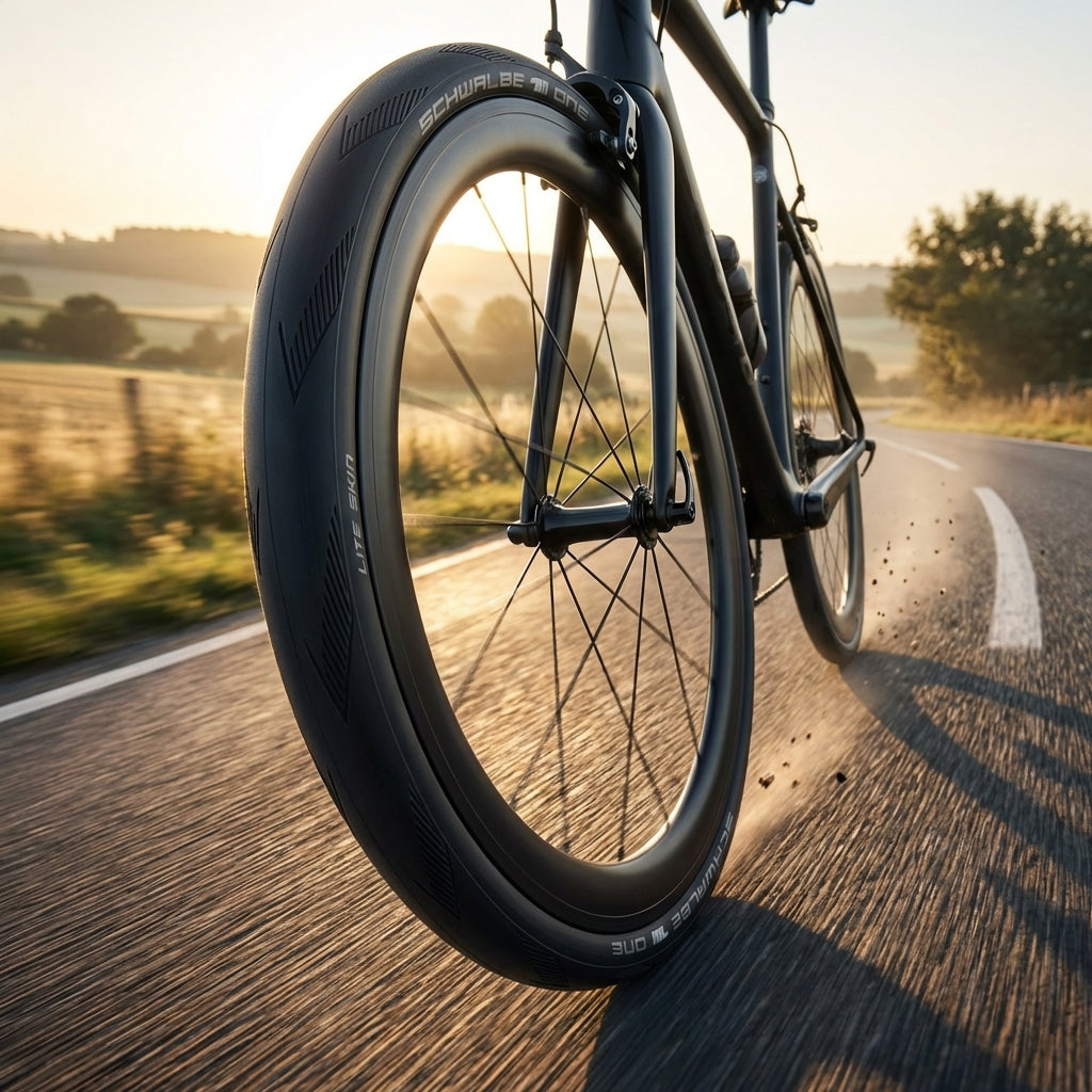 Schwalbe ONE Faltreifen 700x28C ADDIX RaceGuard Performance auf Rennrad auf Straße bei Sonnenuntergang.